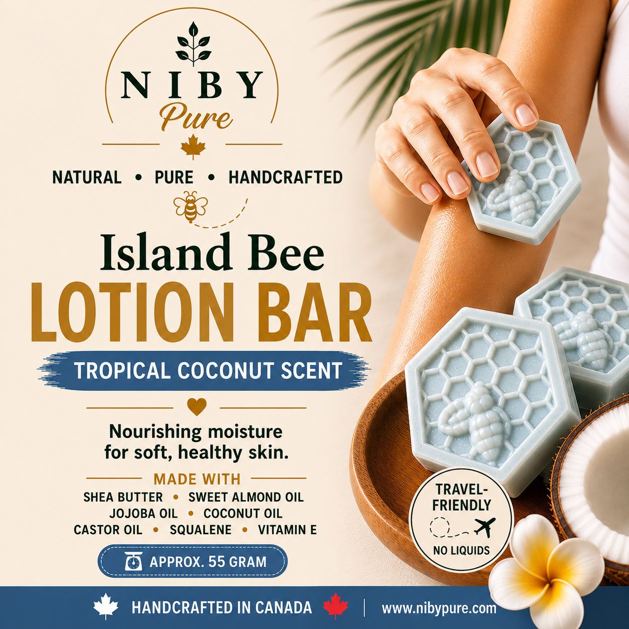 NIBY Pure Island Bee Lotion Bar in Tropical Coconut Scent, featuring hexagonal molded bars in a wooden bowl with a hand holding one, set against a warm beige background with product details and branding.