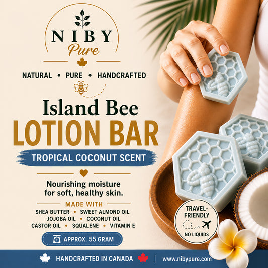 NIBY Pure Island Bee Lotion Bar in Tropical Coconut Scent, featuring hexagonal molded bars in a wooden bowl with a hand holding one, set against a warm beige background with product details and branding.