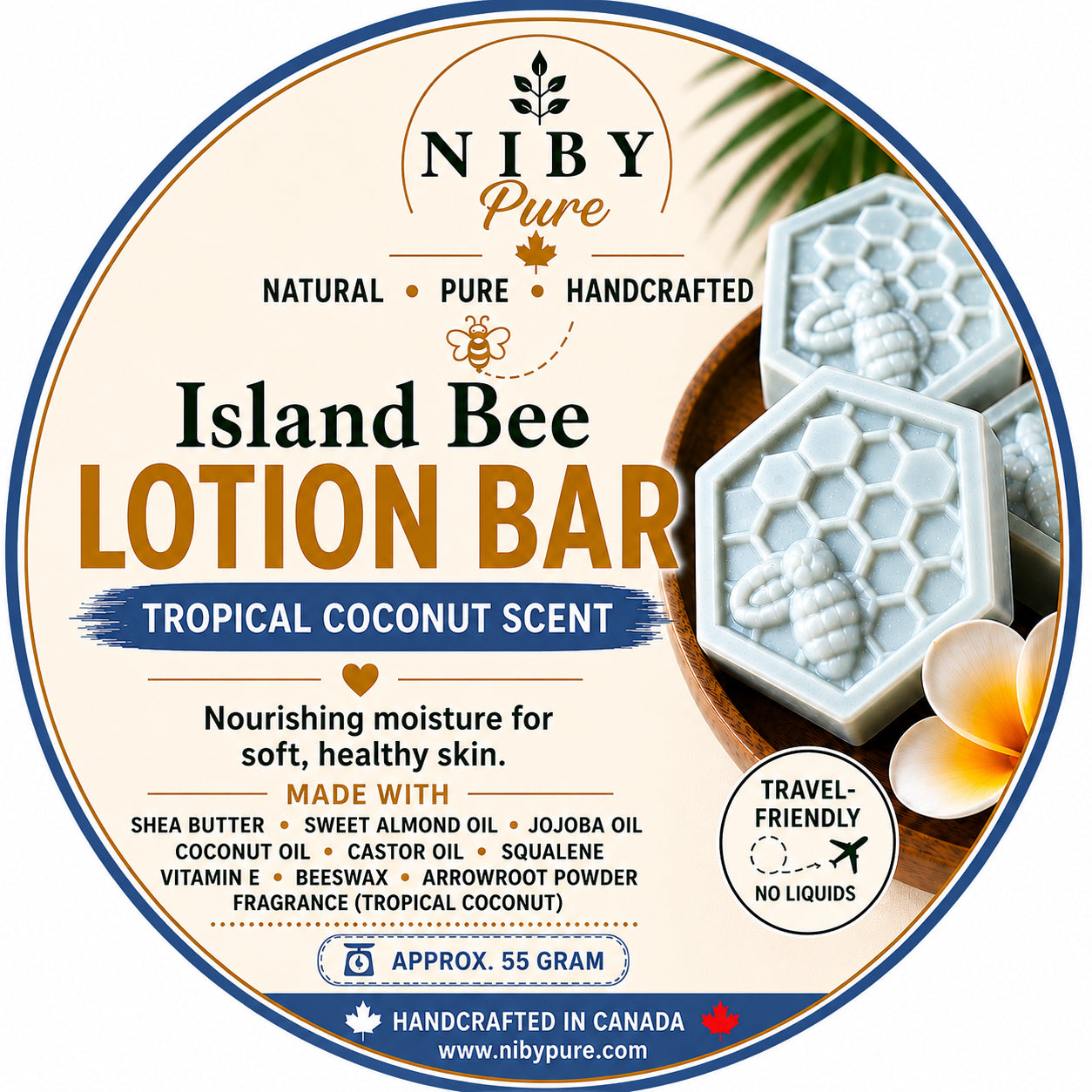 Round product label for NIBY Pure Island Bee Lotion Bar in Tropical Coconut Scent, showing the brand name, product type, scent, ingredients, and a photo of pale blue hexagonal lotion bars.